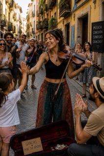 La noche invita a tocar despacio, solo para mí. Las notas se pierden entre las estrellas y el eco de la plaza.
