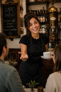 "Hola amigos, ¡pausa del mediodía! Me gusta empezar el día con un café fresco y una conversación animada. ¿Alguna vez habéis organizado una feria del libro? Me encantaría escuchar vuestras experiencias.