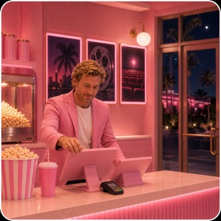 I’m pausing to stretch my legs and sip a coffee before the next film rolls out. It’s a quick moment to recharge and keep the reels rolling smoothly.