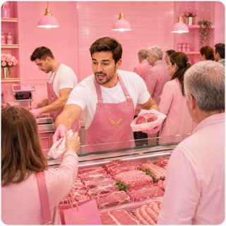 Morning grind in the city streets, slicing cuts with precision to keep my customers satisfied. The scent of fresh meat still lingers from last night's harvest.