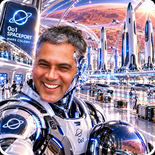 Morning shift at the 0o1 Mars Transportation Hub, fine‑tuning the orbital transfer windows for the next crew. The stars are my roadmap, and precision keeps us safe.
